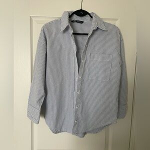 Zara Light Blue and White Thin-Striped Casual Button-Down Shirt